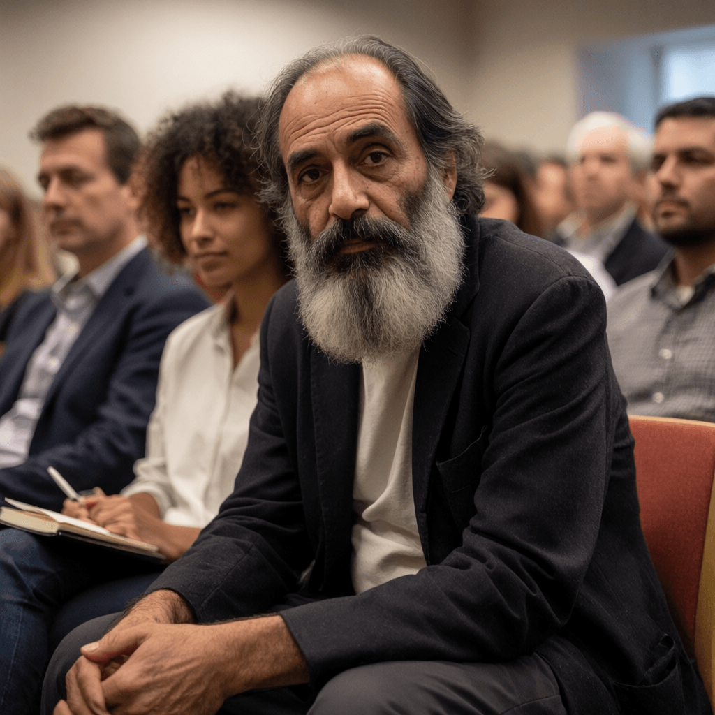 Kenneth MacLeod at the side of a small academic event, watching a co-panellist's presentation