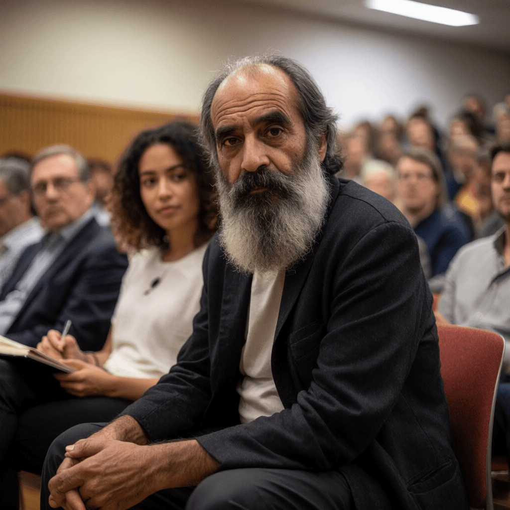 Kenneth MacLeod at a small podium during an archive lecture event, grey-bearded researcher mid-sentence