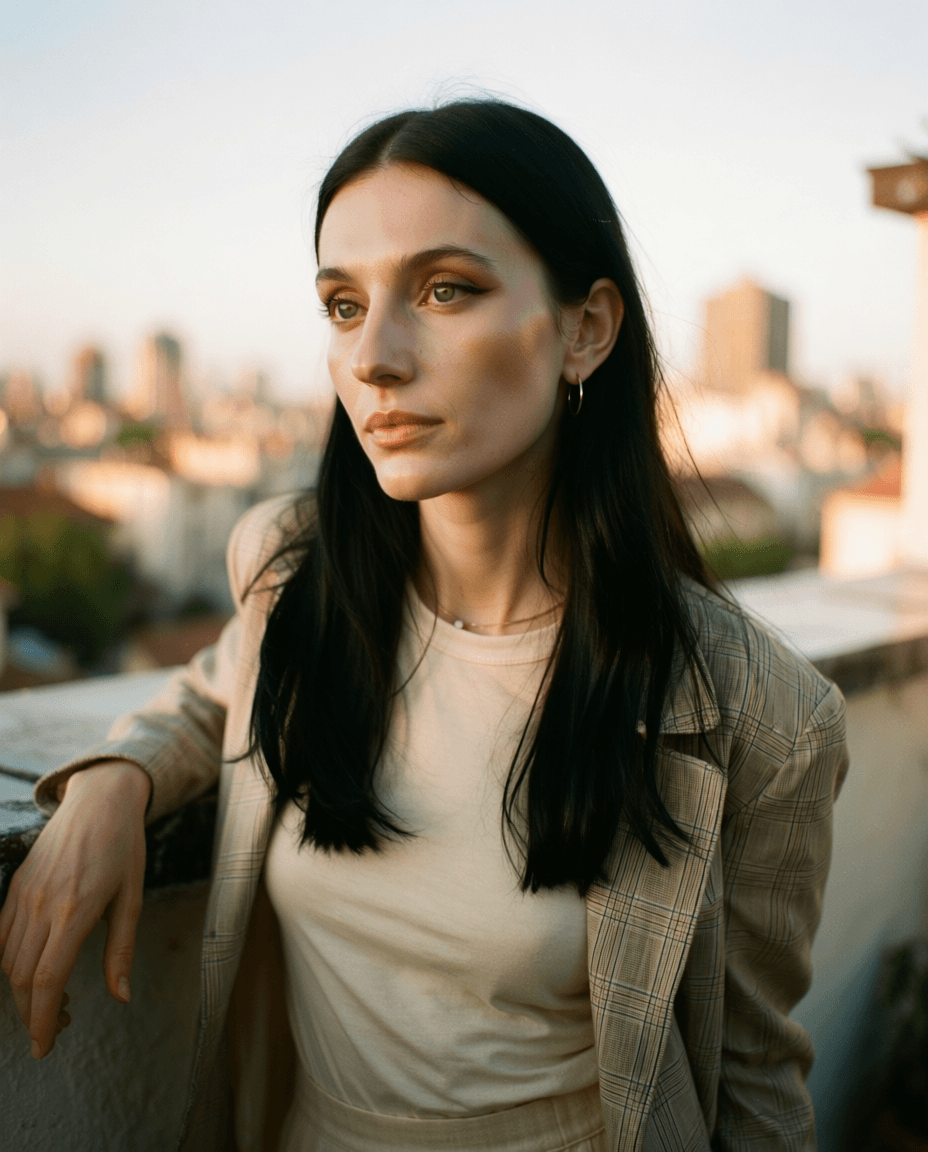 Emma-Jane MacKinnon-Lee in an editorial close-up with long center-parted black hair and a calm expression