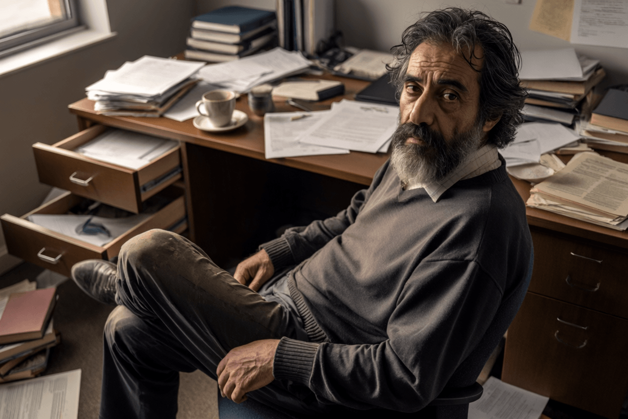 Kenneth MacLeod inside a cluttered office full of bound volumes, loose photocopies and reference folders