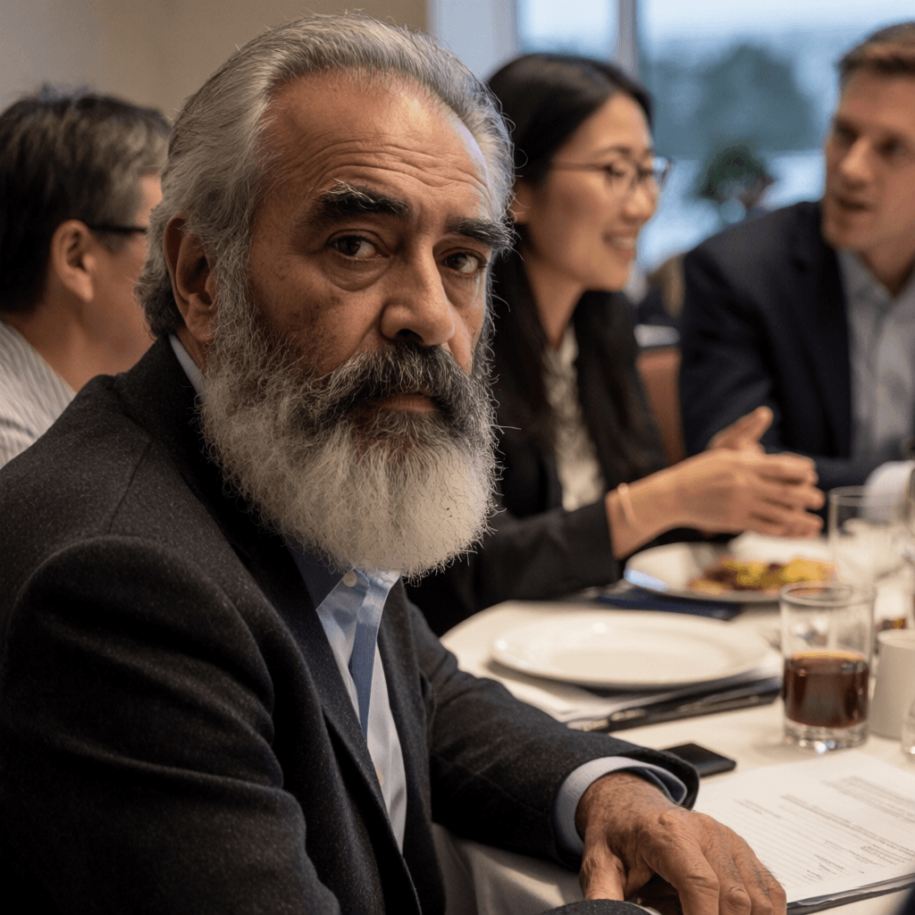 Kenneth MacLeod in a candid corporate frame, grey-bearded archival researcher pausing mid-thought over plantation papers