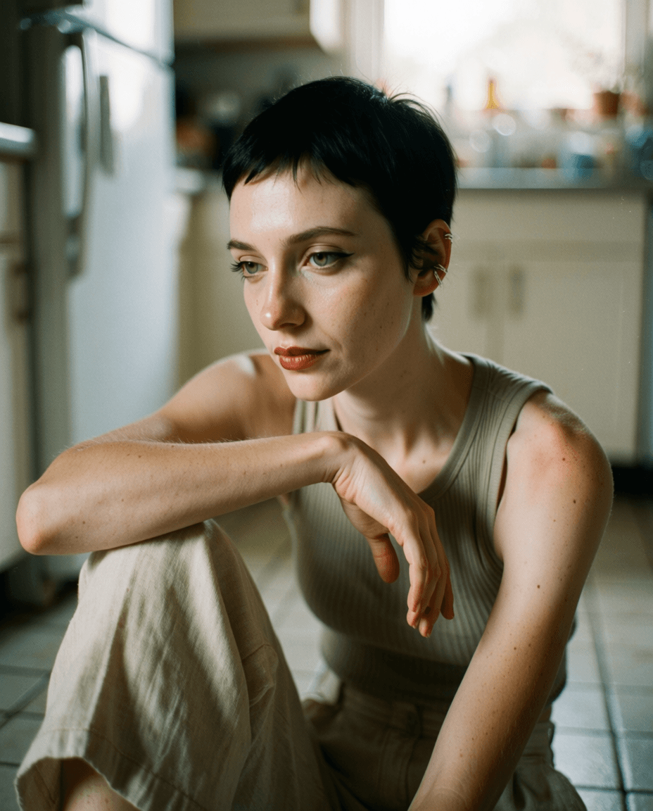 Emma-Jane MacKinnon-Lee in a sharp minimal portrait with very short cropped black pixie haircut