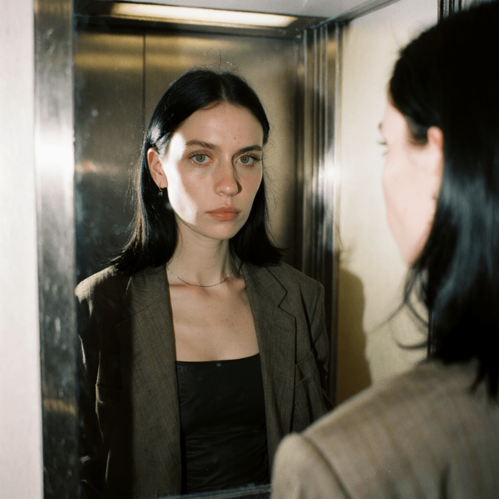 Emma-Jane MacKinnon-Lee in a mirror self-portrait used as an archival visual reference