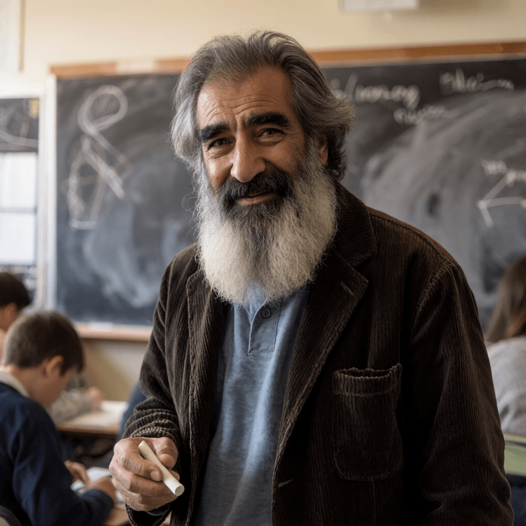 Kenneth MacLeod in a natural-light portrait outdoors, late-sixties archival researcher with full grey beard