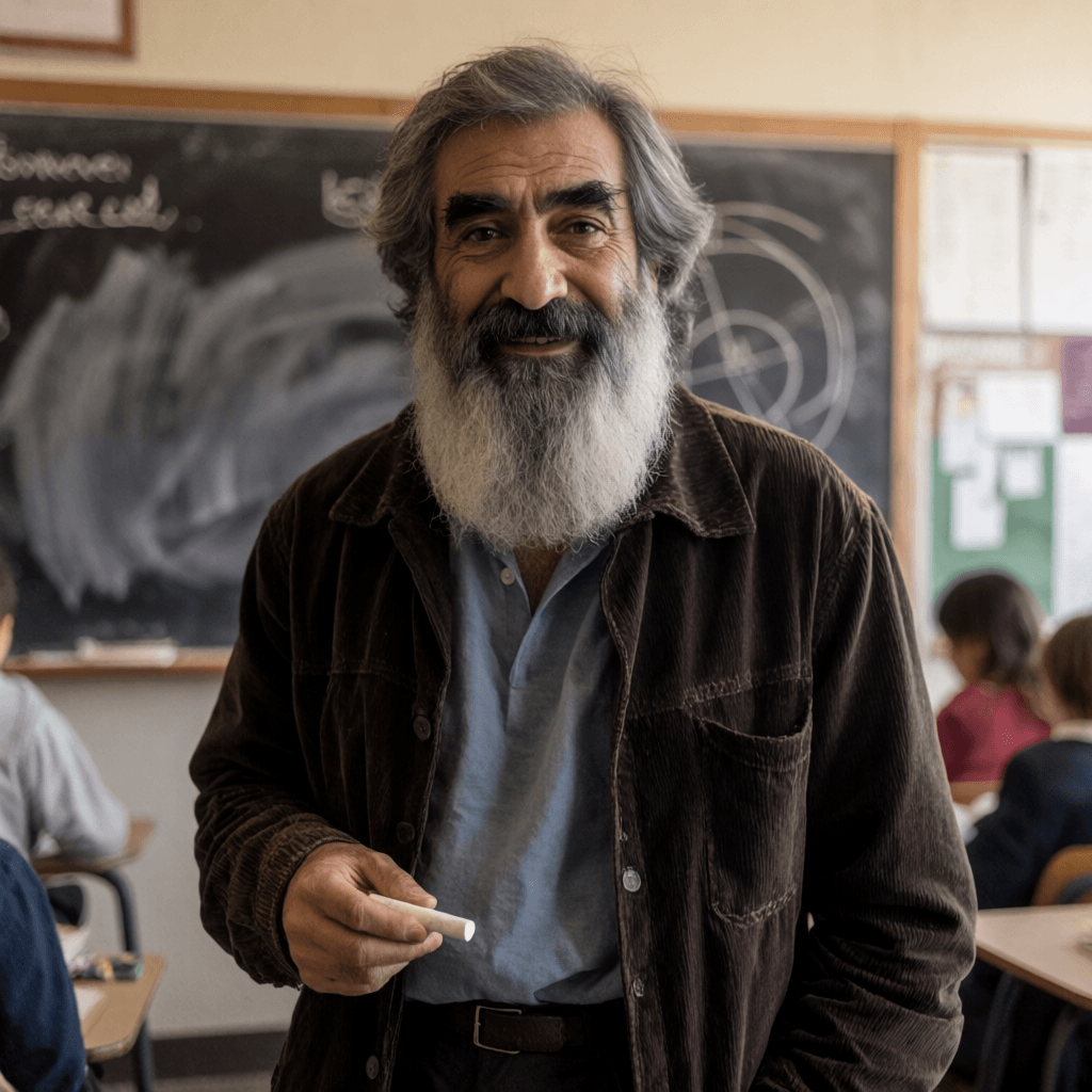 Kenneth MacLeod in a quiet research-keeper portrait, long full grey beard and thick grey hair, plain background