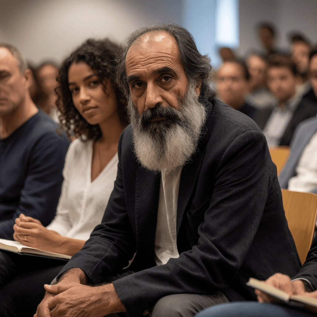 Kenneth MacLeod in a lecture-event frame listening carefully to a question from an audience member