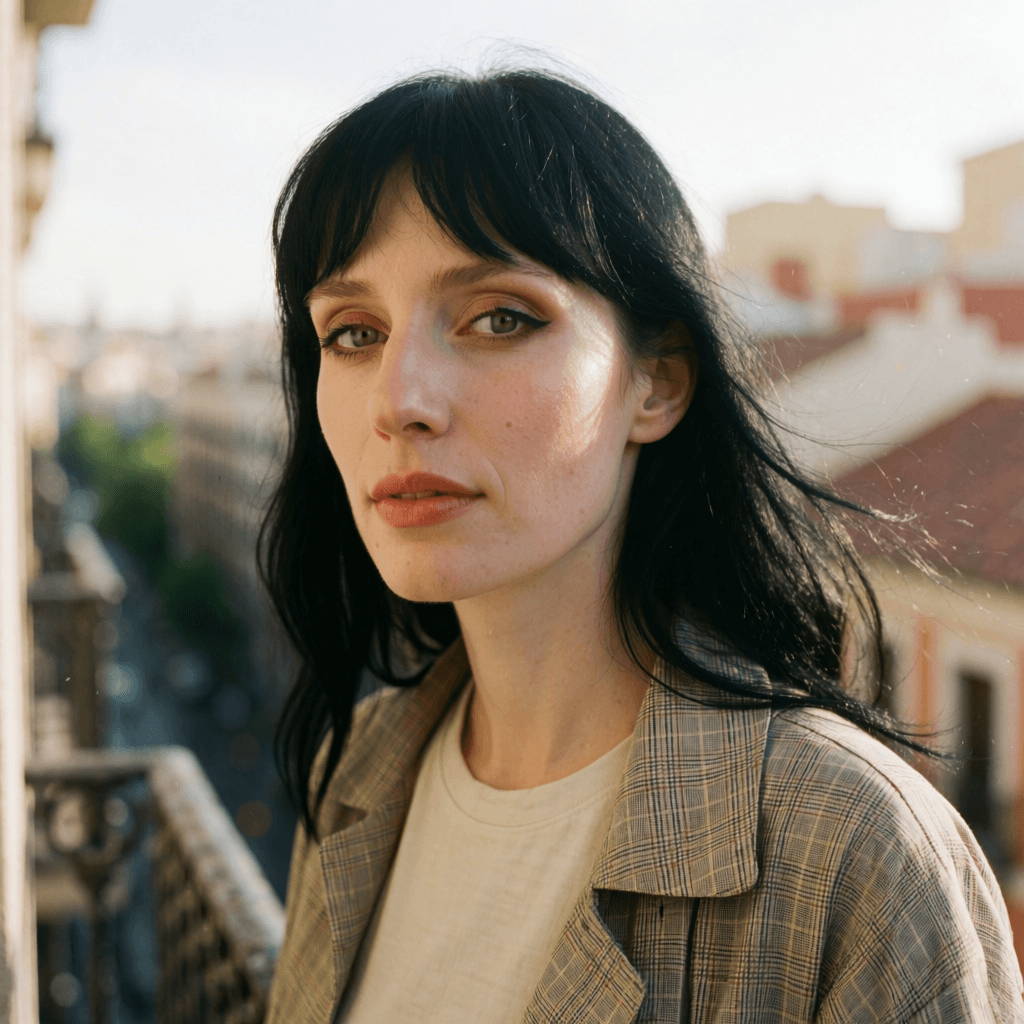 Emma-Jane MacKinnon-Lee in a minimal elegance portrait concept with a soft fringe haircut