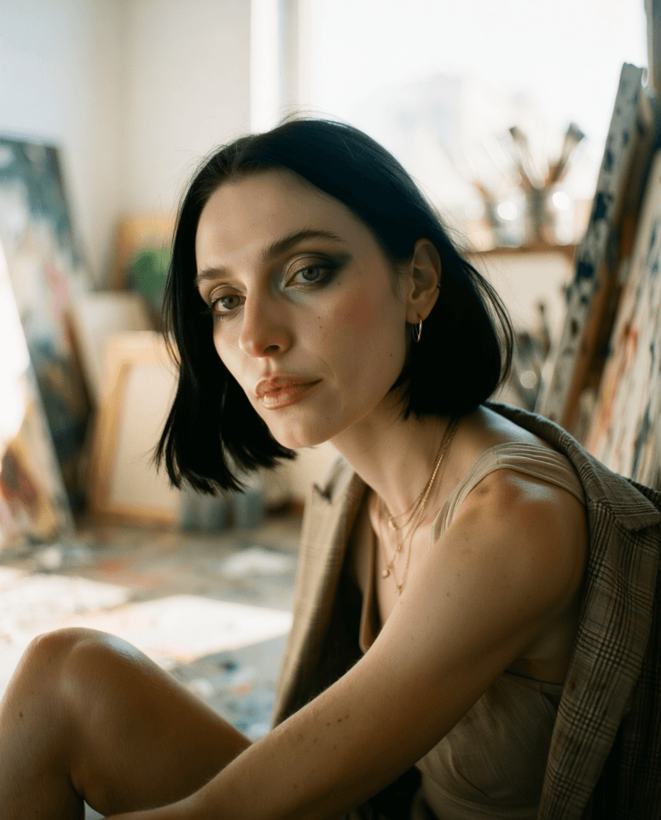 Emma-Jane MacKinnon-Lee in a classic mood portrait referencing vintage fashion archives